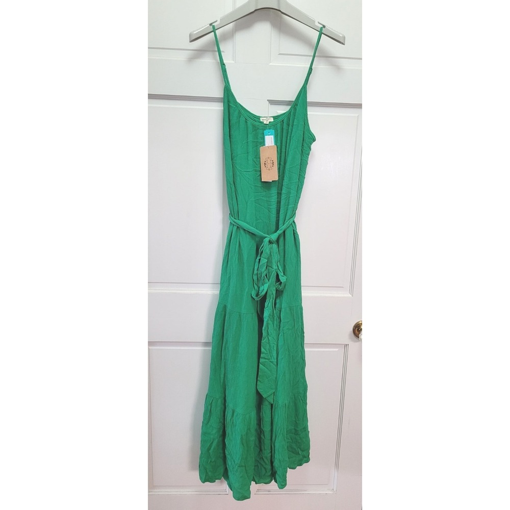 Mason & Belle 100% Rayon Crinkle Fisher Tie Waist Maxi Dress - Green - Large